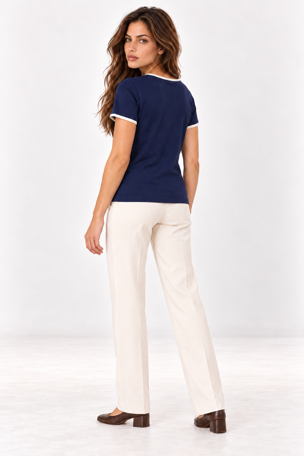 Back of the YAYA navy contrast binding T-shirt on the model