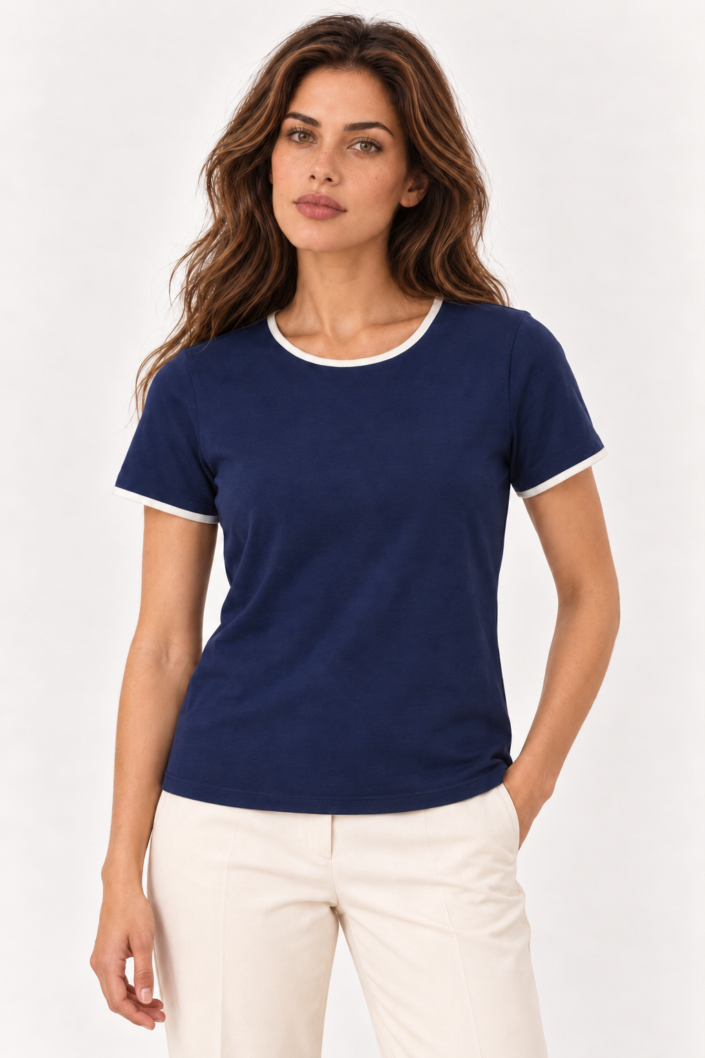 Close-up of the YAYA navy T-shirt on the model, showing the white binding at the neck