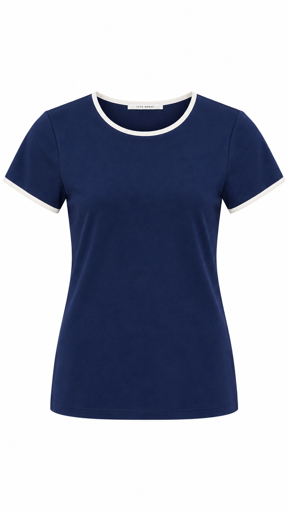 YAYA T-Shirt with Contrast Binding in Navy Blazer Blue, front view showing the white bound round neck and sleeves