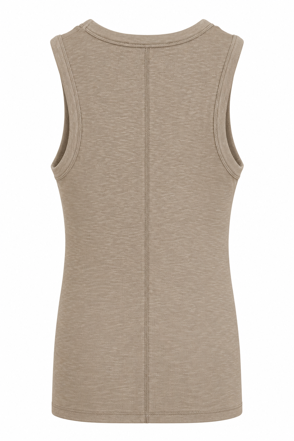 YAYA Rib Singlet with Round Neck in Tan Brown, back view showing the centre back seam #Colour_Tan Brown