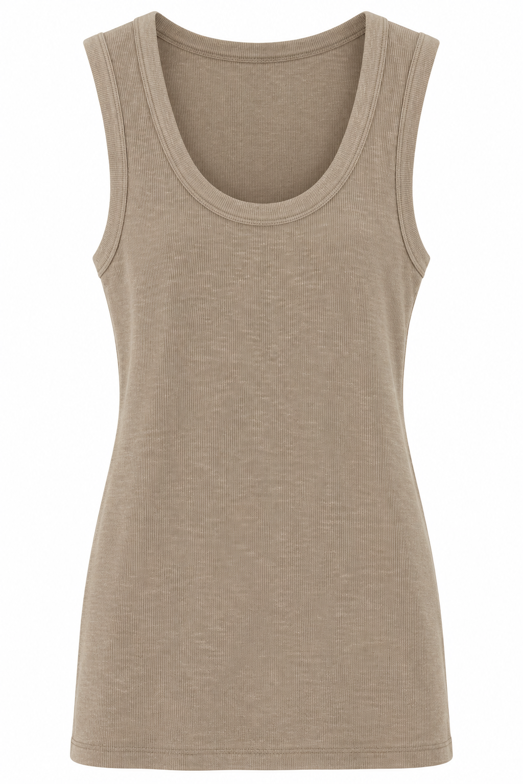 YAYA Rib Singlet with Round Neck in Tan Brown, front view #Colour_Tan Brown