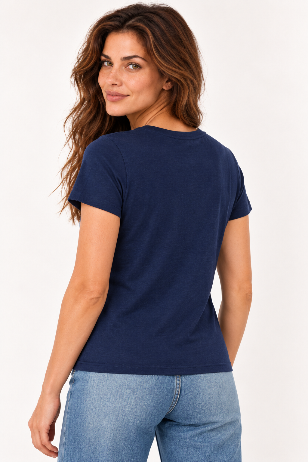 Back of the YAYA round neck T-shirt in Navy Blazer Melange, worn with wide leg jeans #Colour_Navy Blazer Melange
