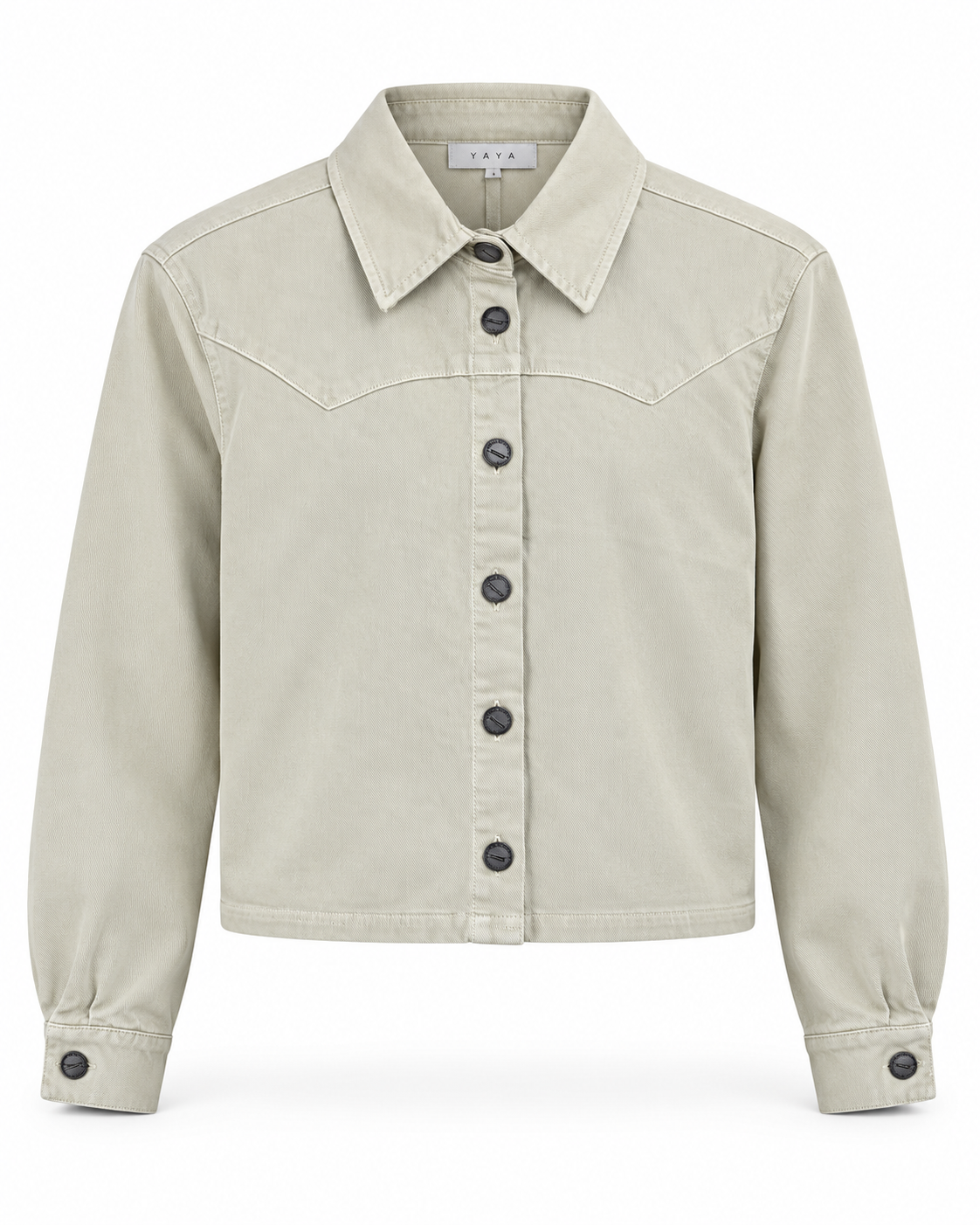 YAYA Coloured Denim Jacket with Seam Detail in Sandstone Beige, front view showing the collar, curved yoke and button front