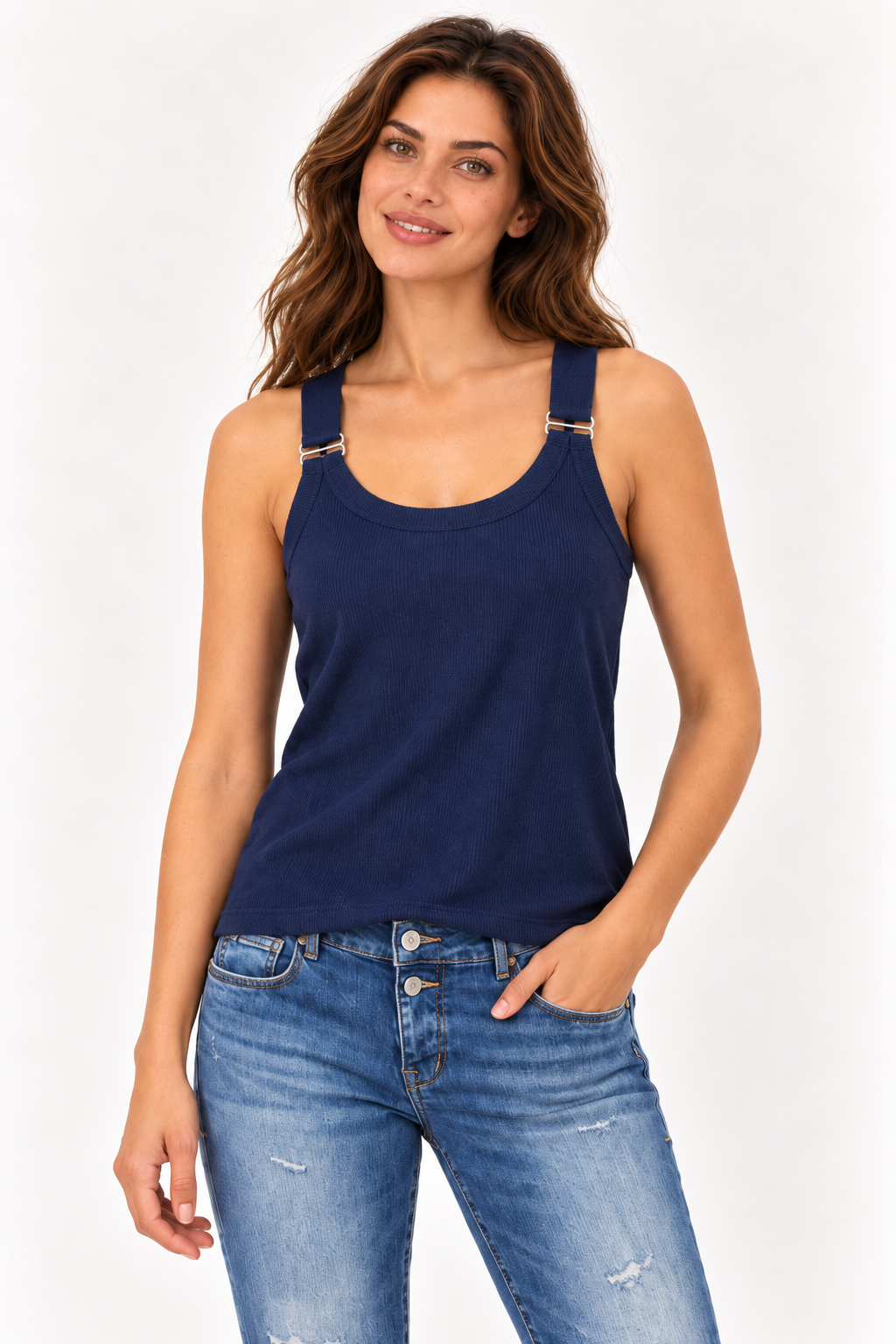 Close-up of the YAYA navy singlet on the model, showing the elastic strap and silver adjuster