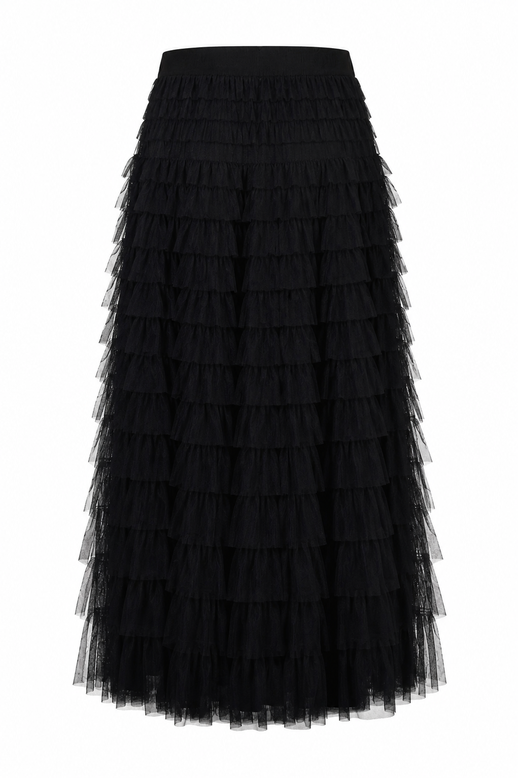 Brave+True Chance black maxi skirt featuring layered tiered tulle ruffles and a voluminous silhouette
