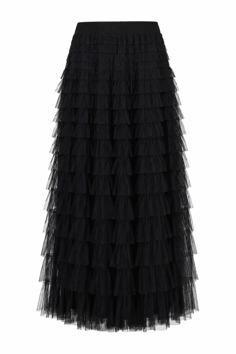 Brave+True Chance black maxi skirt featuring layered tiered tulle ruffles and a voluminous silhouette