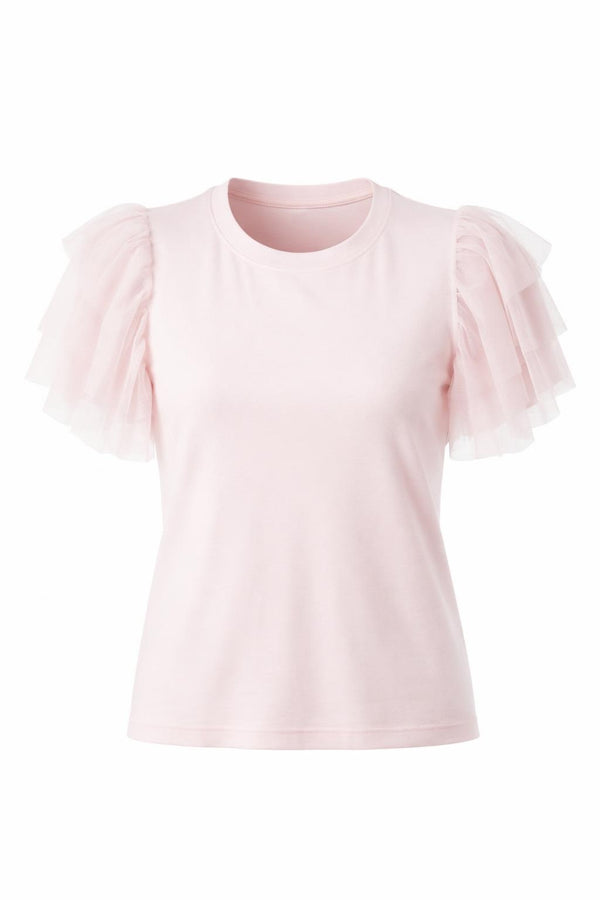 Brave + True Chance Tee in soft pink with crew neckline and layered sheer ruffle sleeves.