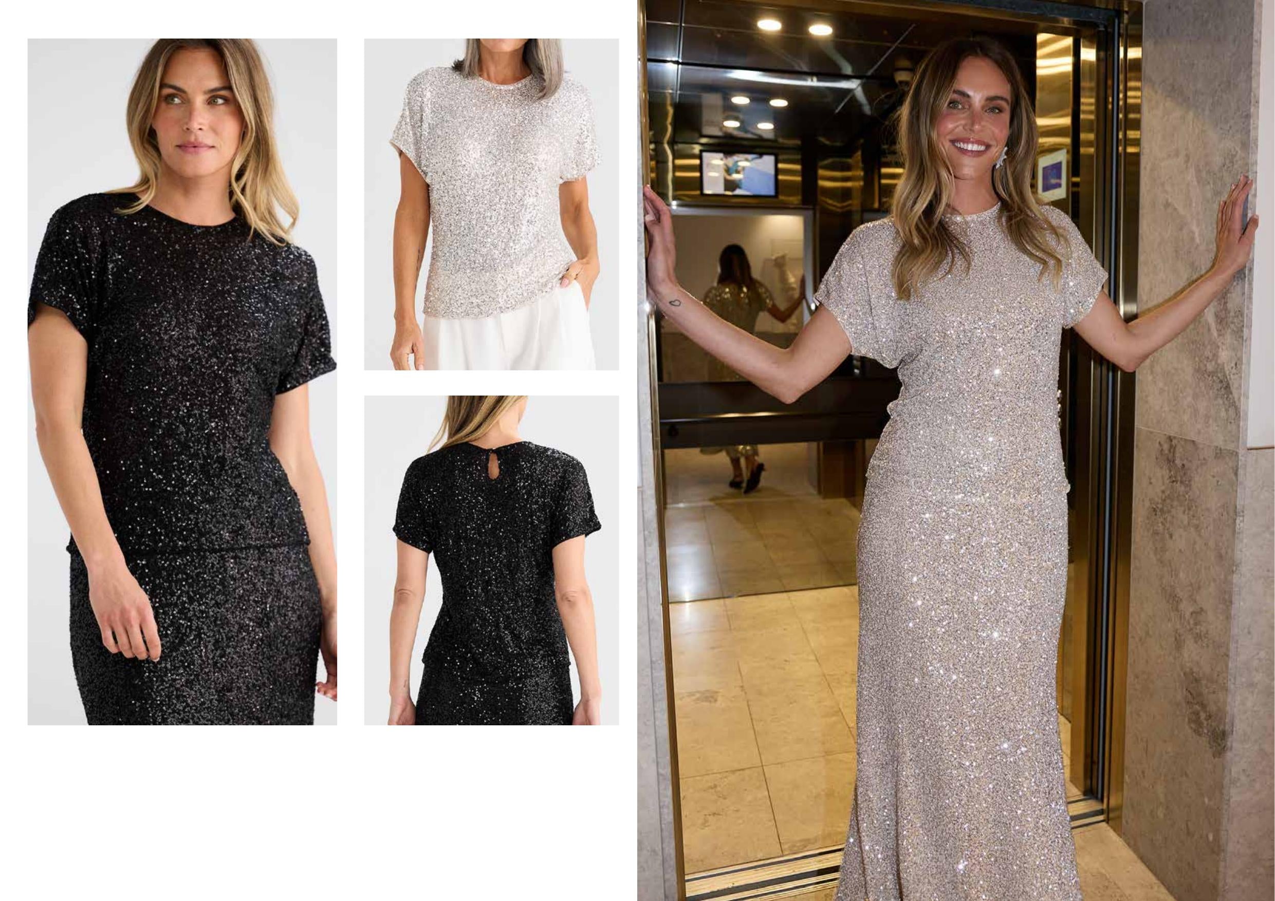 Woman wearing a sparkling silver dress in a store setting