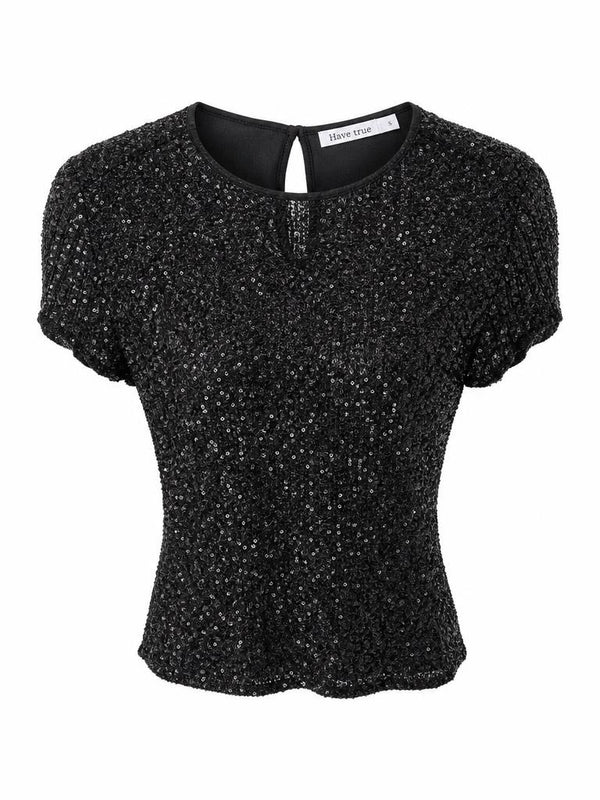 Brave + True black sequin top with relaxed silhouette and cap sleeves