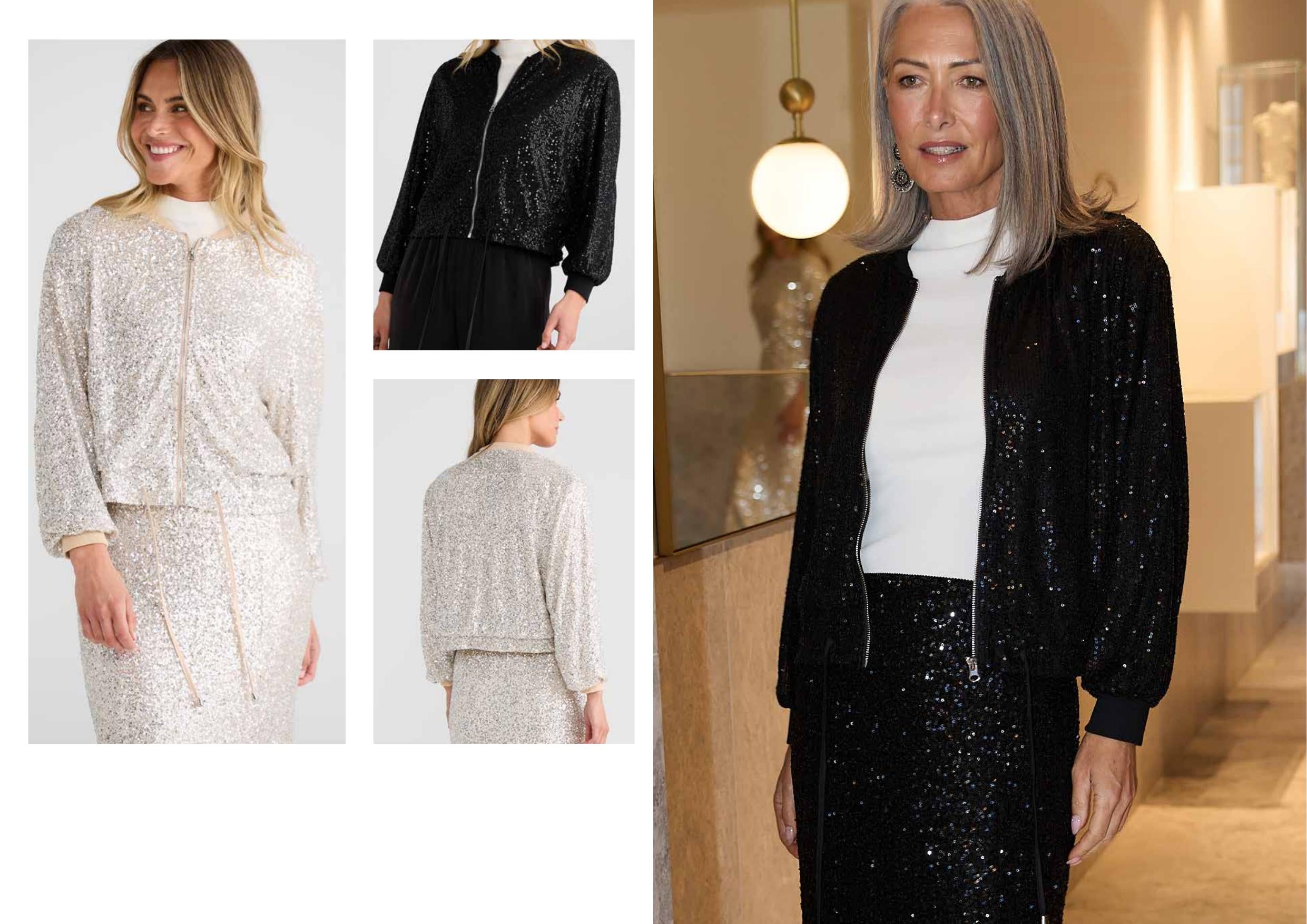 Woman wearing a black sequin jacket with a white top in an indoor setting.