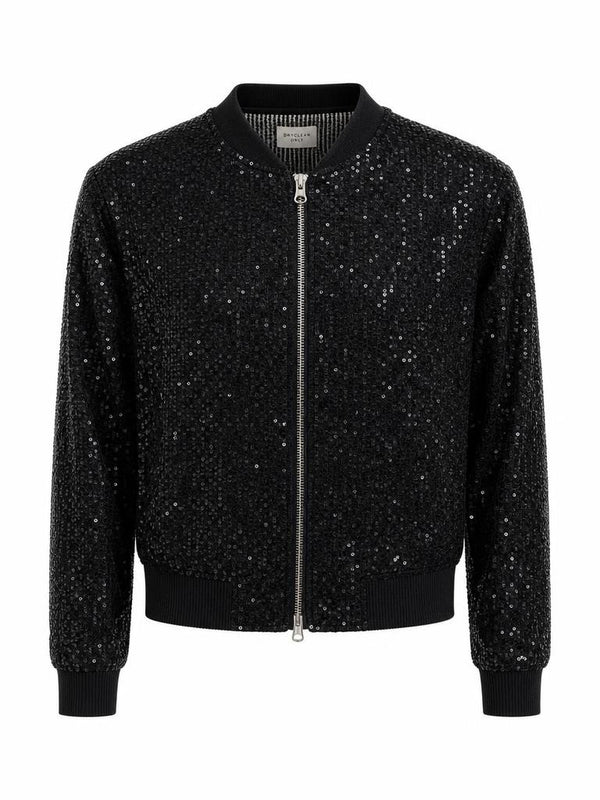 Brave + True black sequin bomber jacket with zip-front closure and ribbed trims