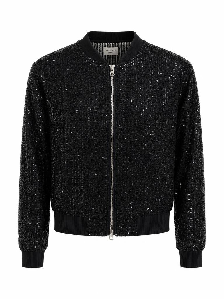 Brave + True black sequin bomber jacket with zip-front closure and ribbed trims