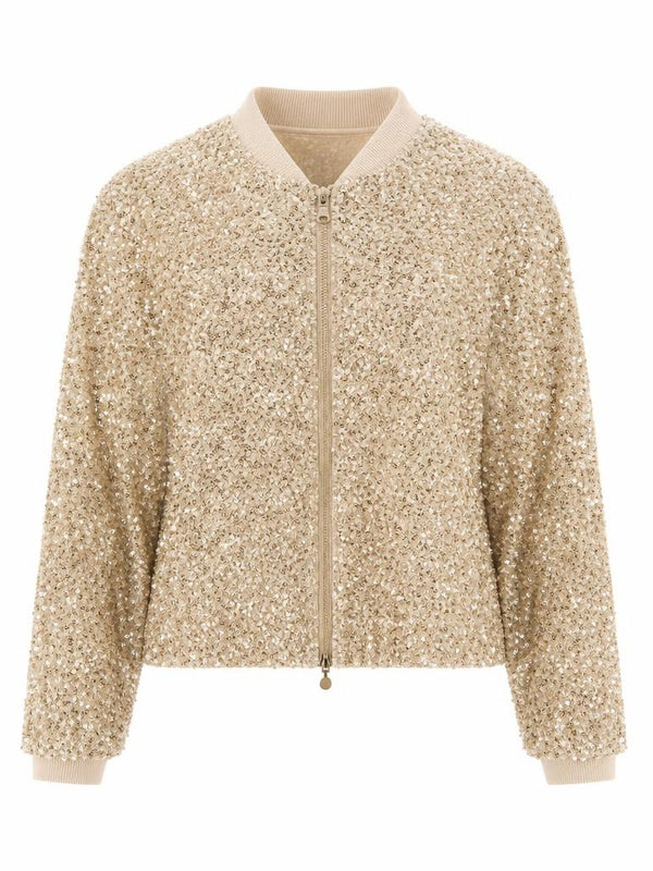 Brave + True champagne sequin bomber jacket with zip-front closure and relaxed silhouette