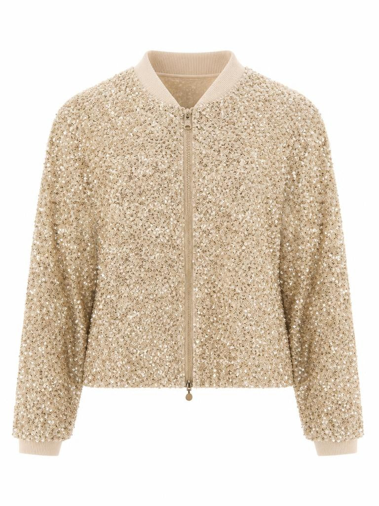 Brave + True champagne sequin bomber jacket with zip-front closure and relaxed silhouette