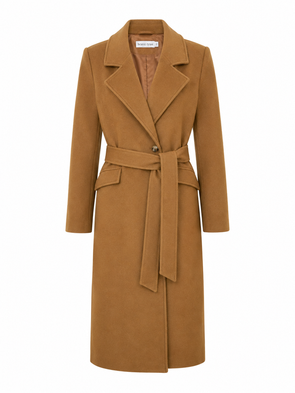 Front view of the Brave & True Julianne Coat in Camel featuring a tailored longline silhouette, belted waist and classic lapel collar.