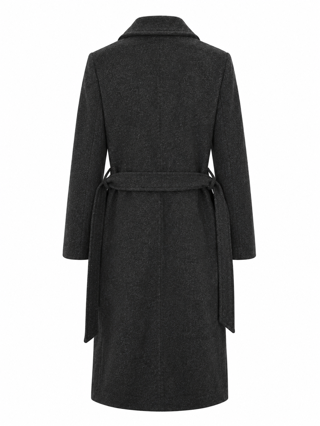 Back view of the Brave & True Julianne Coat in Charcoal featuring a tailored longline silhouette, belted waist, wide lapel collar and single-button closure.