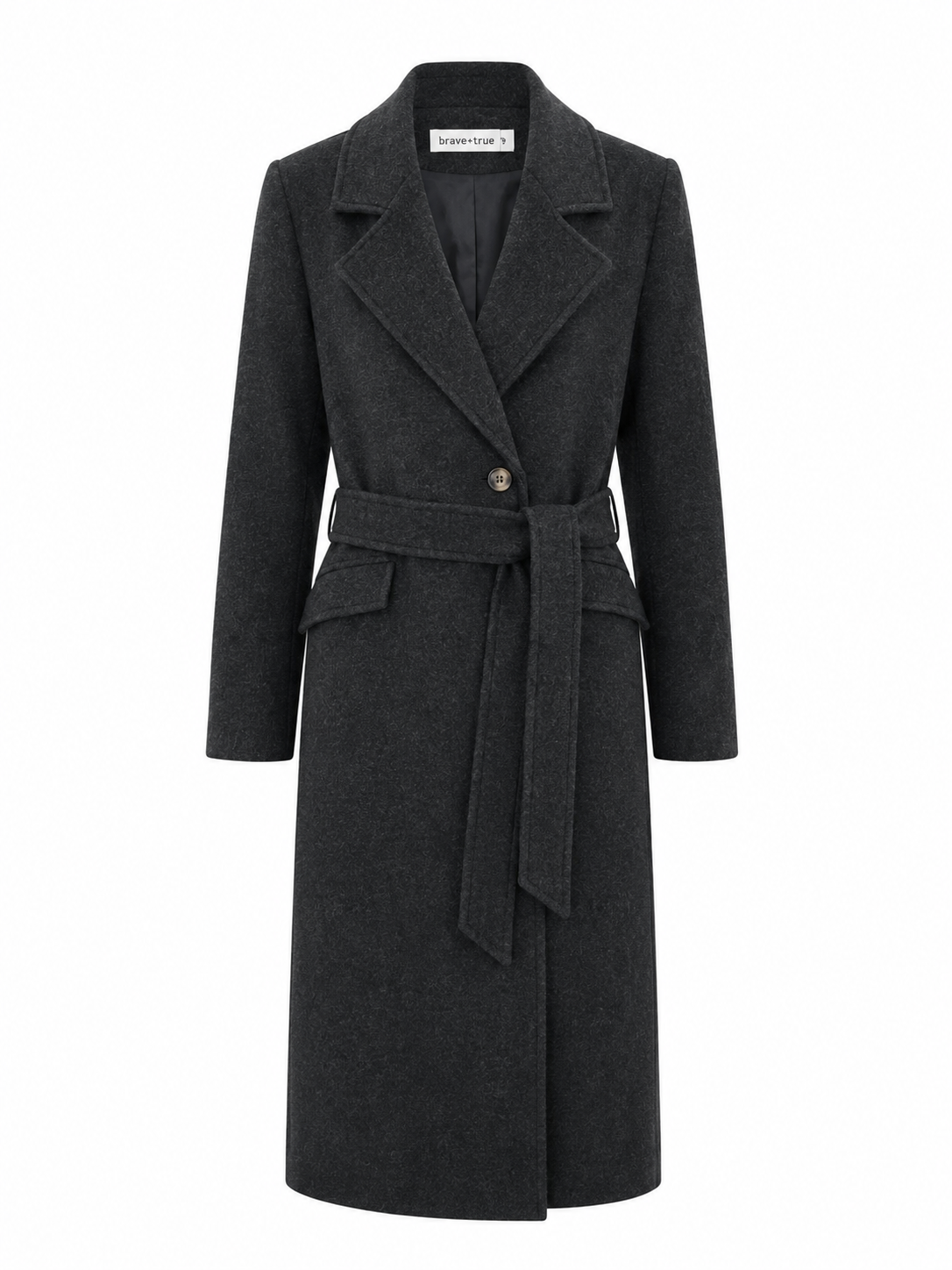 Front view of the Brave & True Julianne Coat in Charcoal featuring a tailored longline silhouette, belted waist, wide lapel collar and single-button closure.
