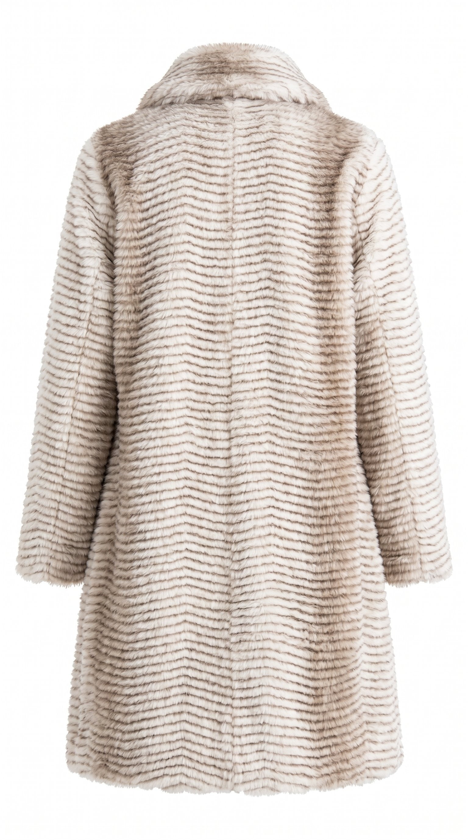 Brave + True grey striped faux fur coat with oversized silhouette and lapel collar