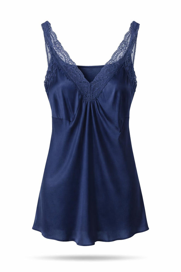 Women's navy satin camisole with lace trim straps and neckline by Brave + True
