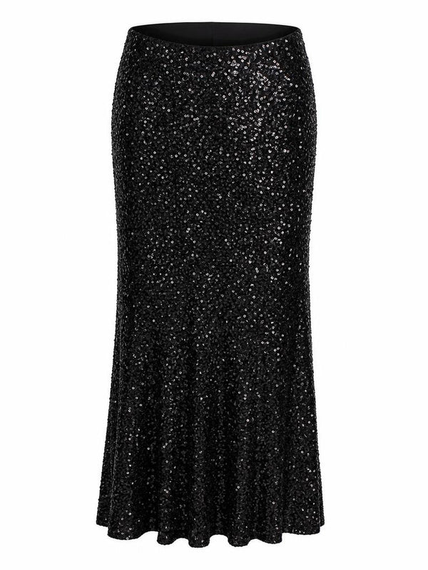 Brave + True Ritz black sequin midi skirt with all-over sparkle and a softly flared hem.
