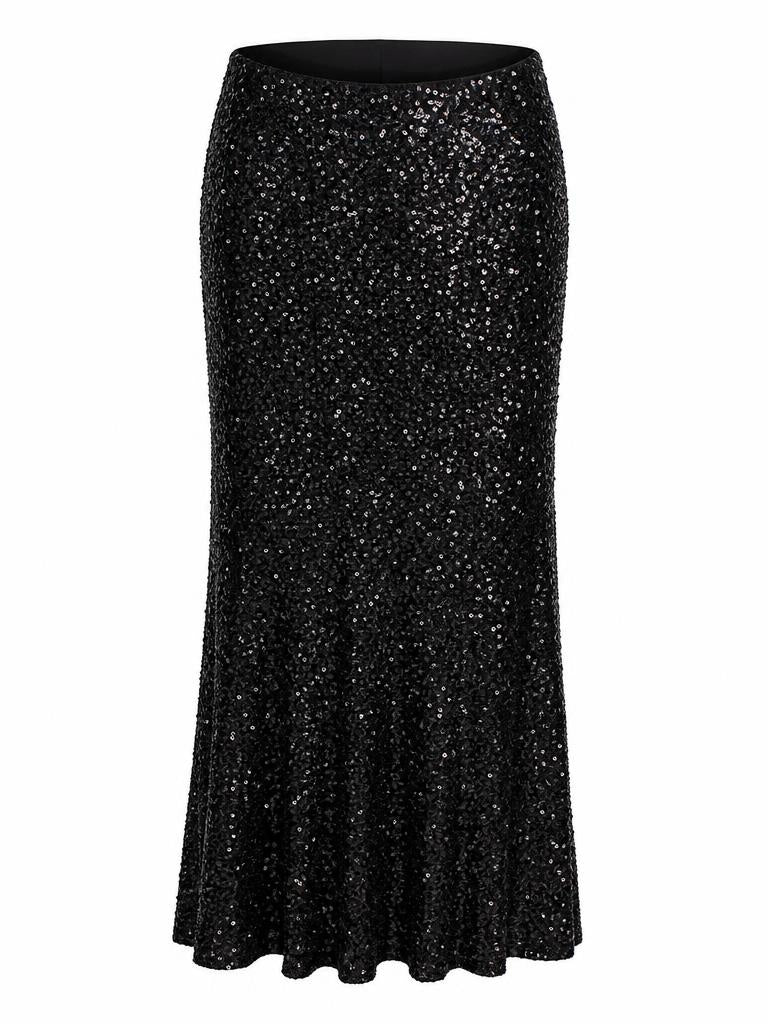 Brave + True Ritz black sequin midi skirt with all-over sparkle and a softly flared hem.
