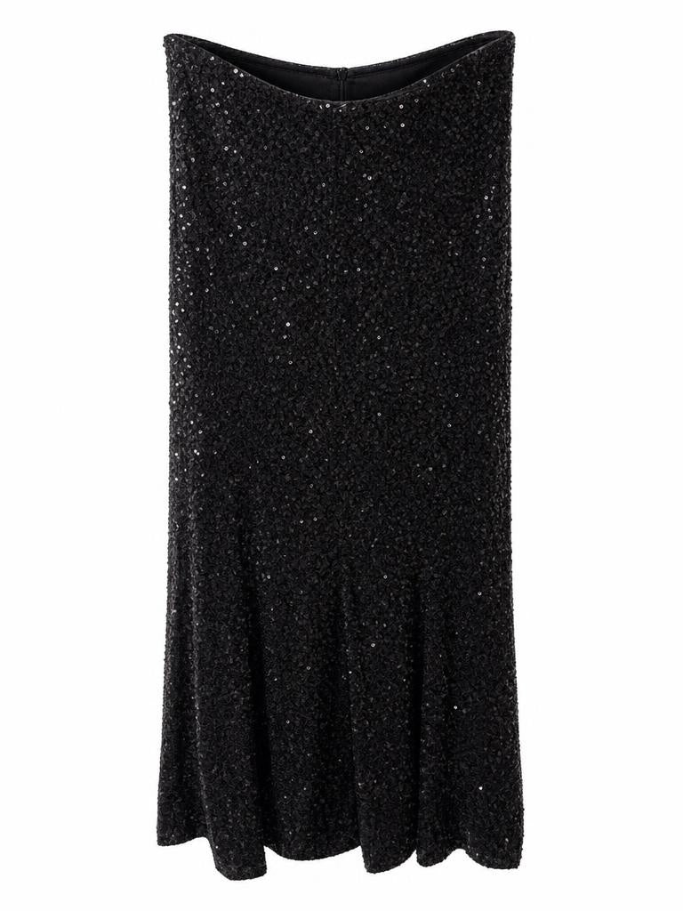 Brave + True black sequin midi skirt with elegant flared silhouette