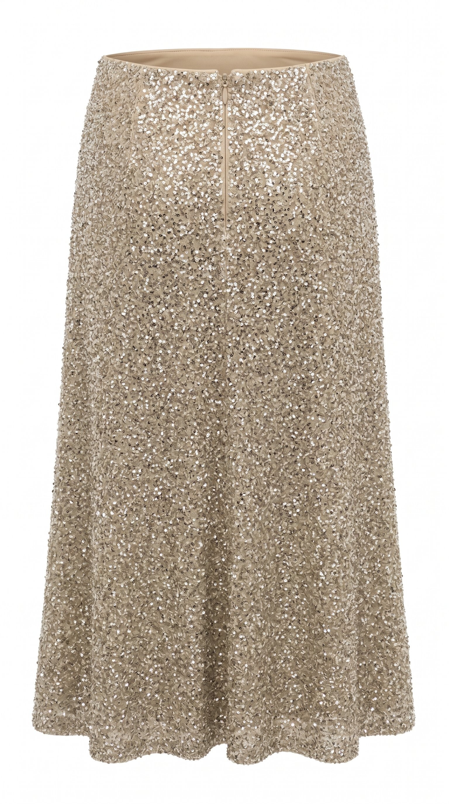 Brave + True champagne sequin midi skirt with elegant flared silhouette