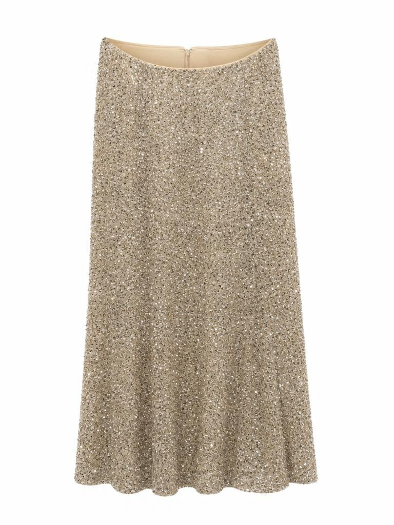 Brave + True champagne sequin midi skirt with elegant flared silhouette