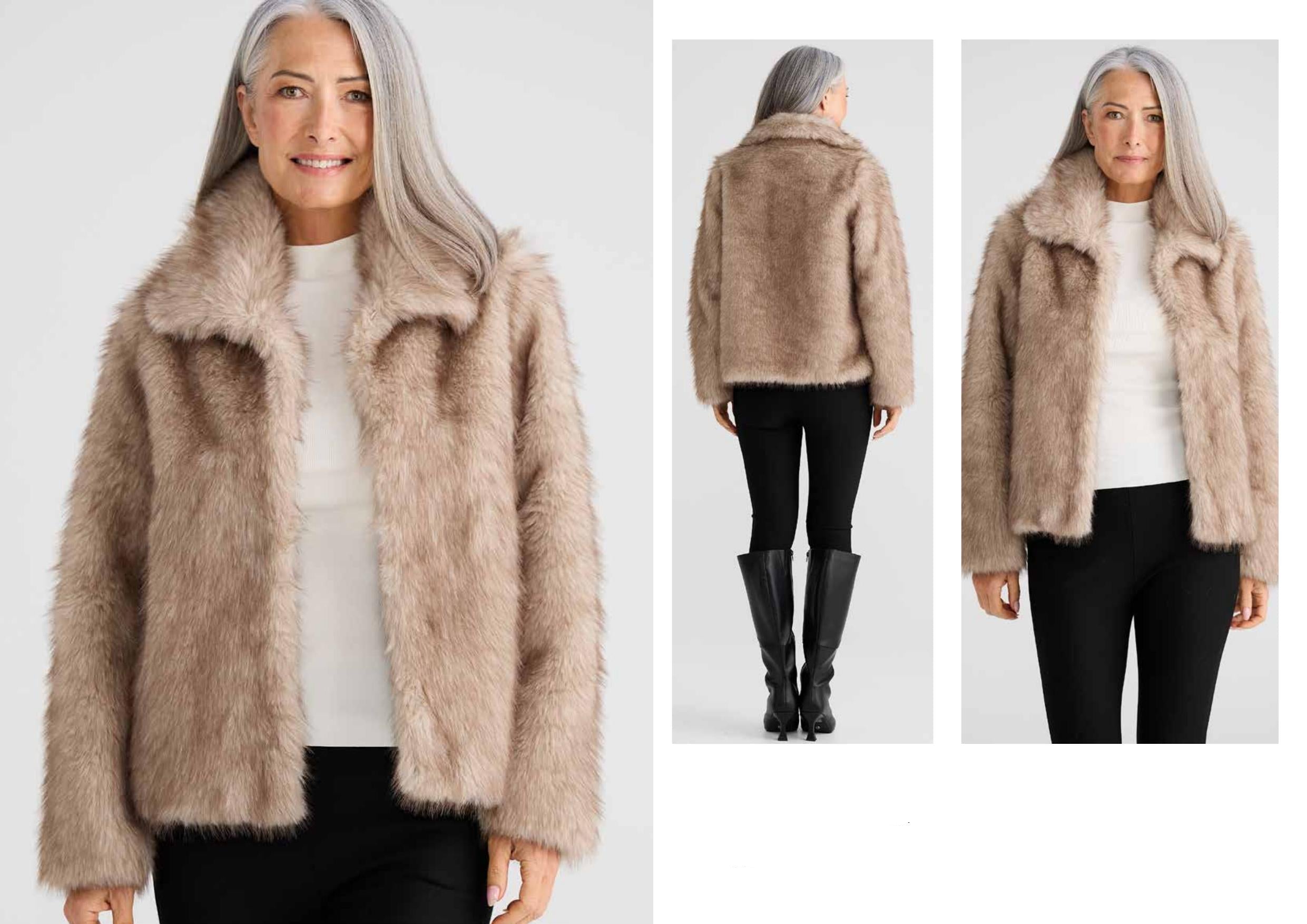 Woman wearing a beige faux fur jacket with front, side, and back views displayed.