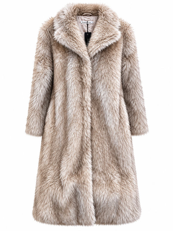 Brave + True New York long faux fur coat in taupe featuring an oversized collar and elegant winter silhouette.