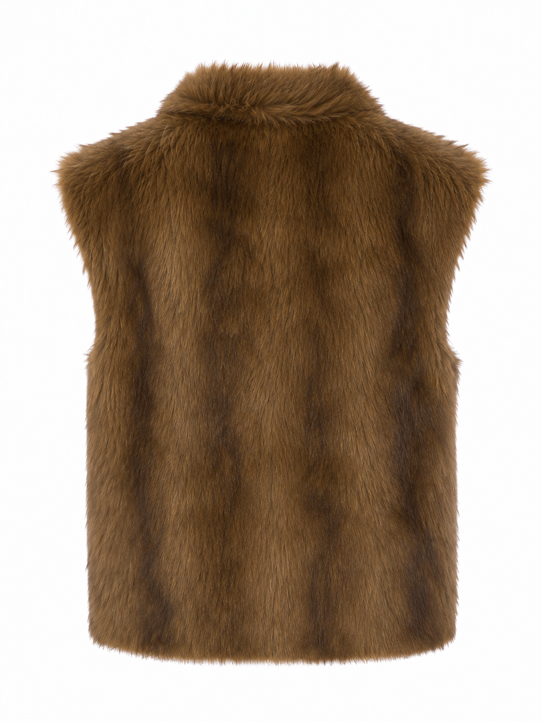 Back view of the Brave + True Vivienne Fur Vest in Mink featuring a luxurious faux fur finish, sleeveless silhouette and elegant shawl collar.