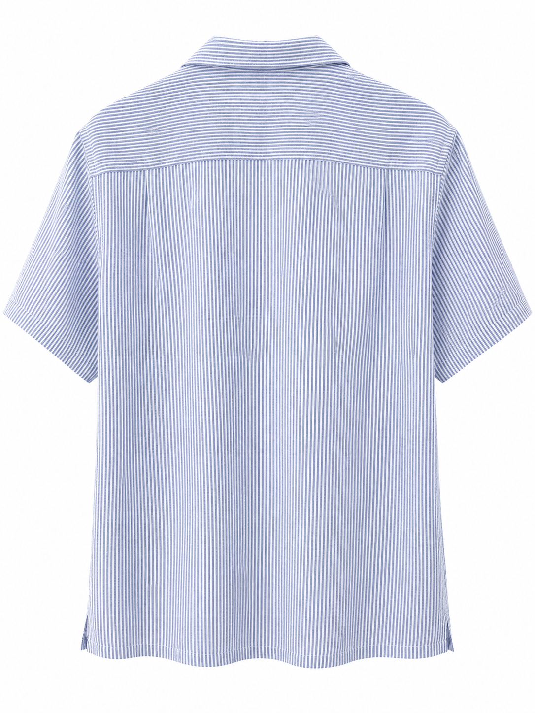 Chaos & Calm blue and white striped short sleeve shirt back view with relaxed fit and back yoke