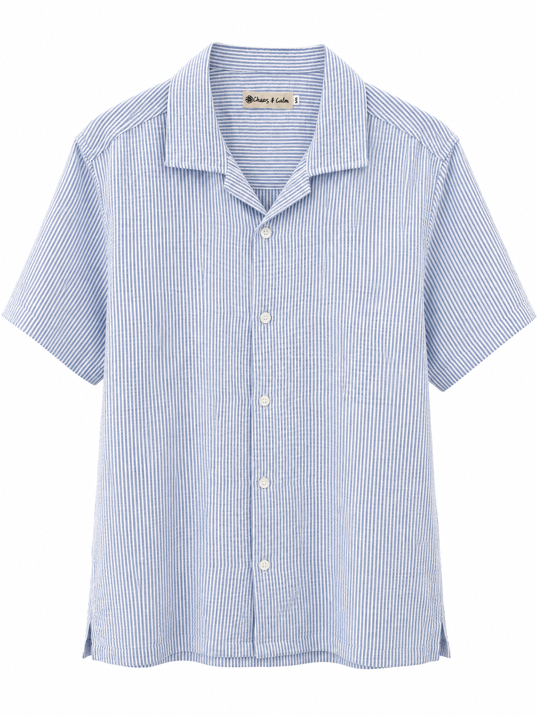 Chaos & Calm blue and white striped short sleeve shirt front view with open collar and button-through front