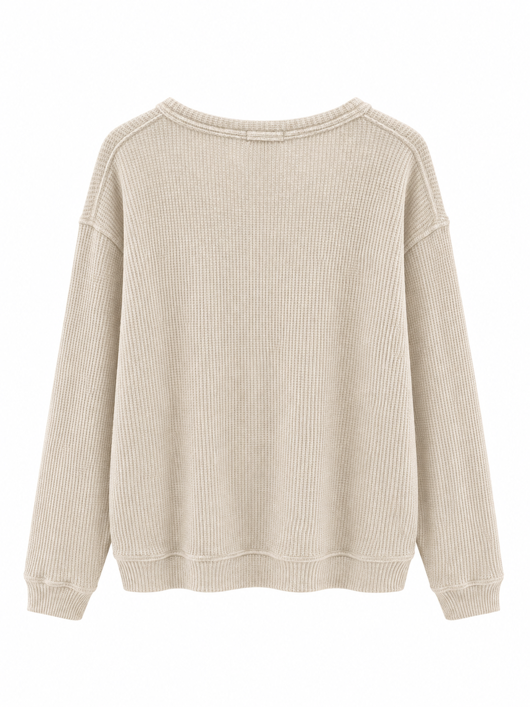 Chaos & Calm Fishermans Rib Oat Crew Sweater back view with crew neckline and textured knit