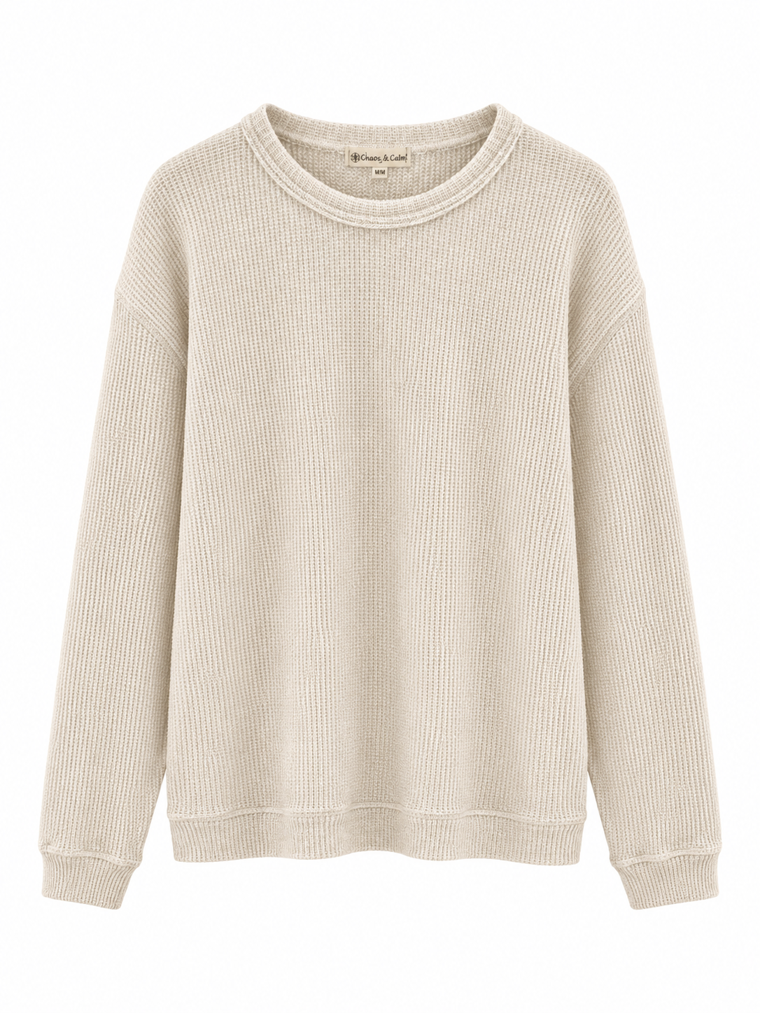Chaos & Calm Fishermans Rib Oat Crew Sweater front view with crew neckline and textured knit