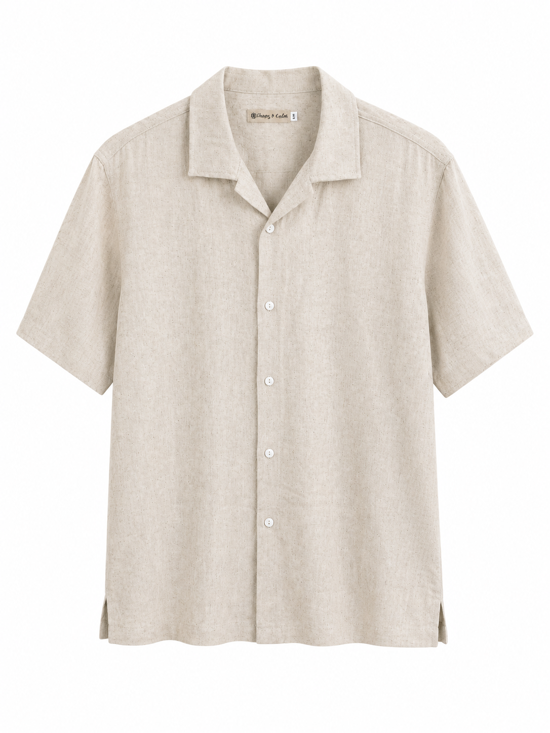 Chaos & Calm natural linen short sleeve button-up shirt front view