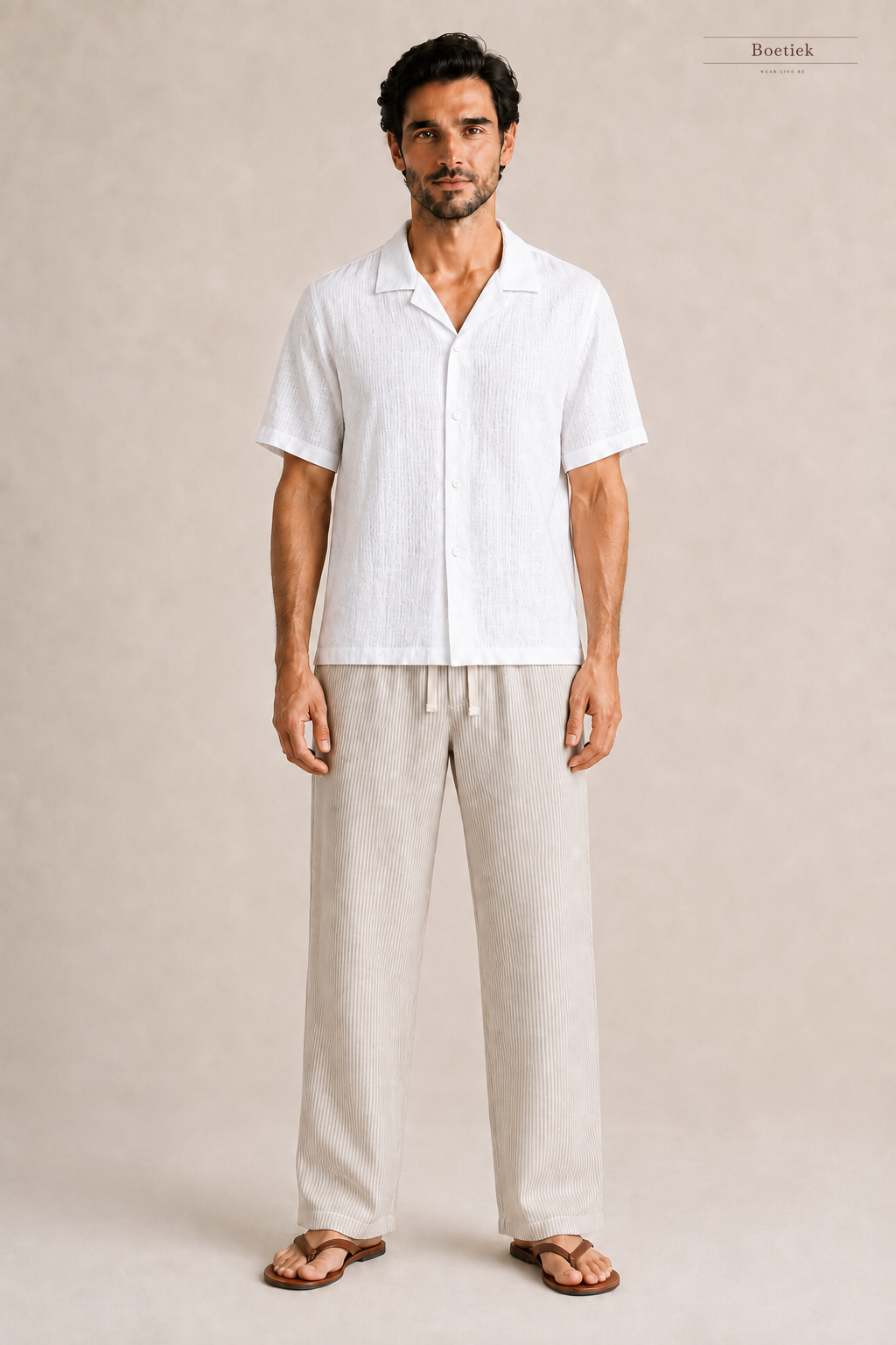 Chaos & Calm | Linen Thin Stripe Pull-On Trousers in Sand
