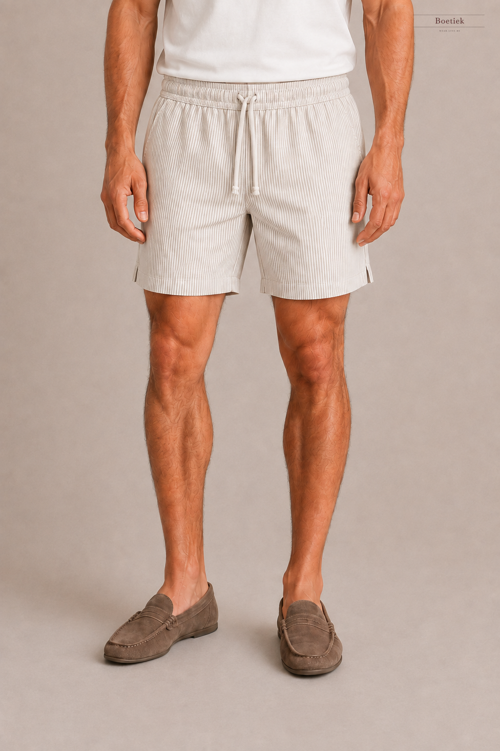 Chaos & Calm | Linen Thin Stripe Shorts in Sand