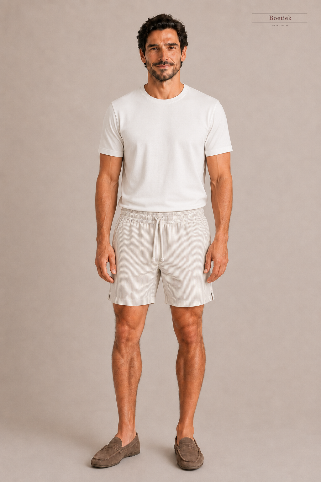 Chaos & Calm | Linen Thin Stripe Shorts in Sand