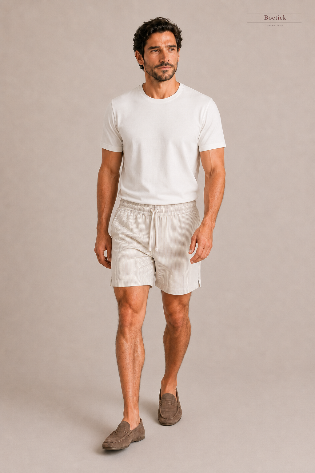 Chaos & Calm | Linen Thin Stripe Shorts in Sand