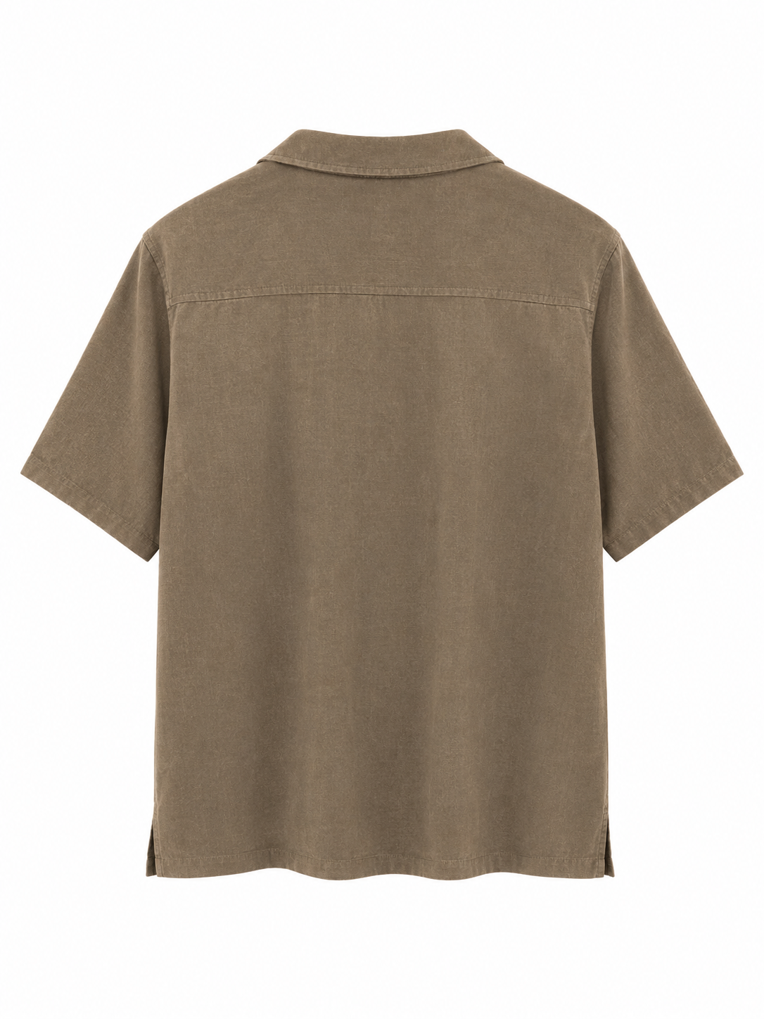 Chaos & Calm Linen Viscose Taupe Shirt front view with short sleeves and open collar