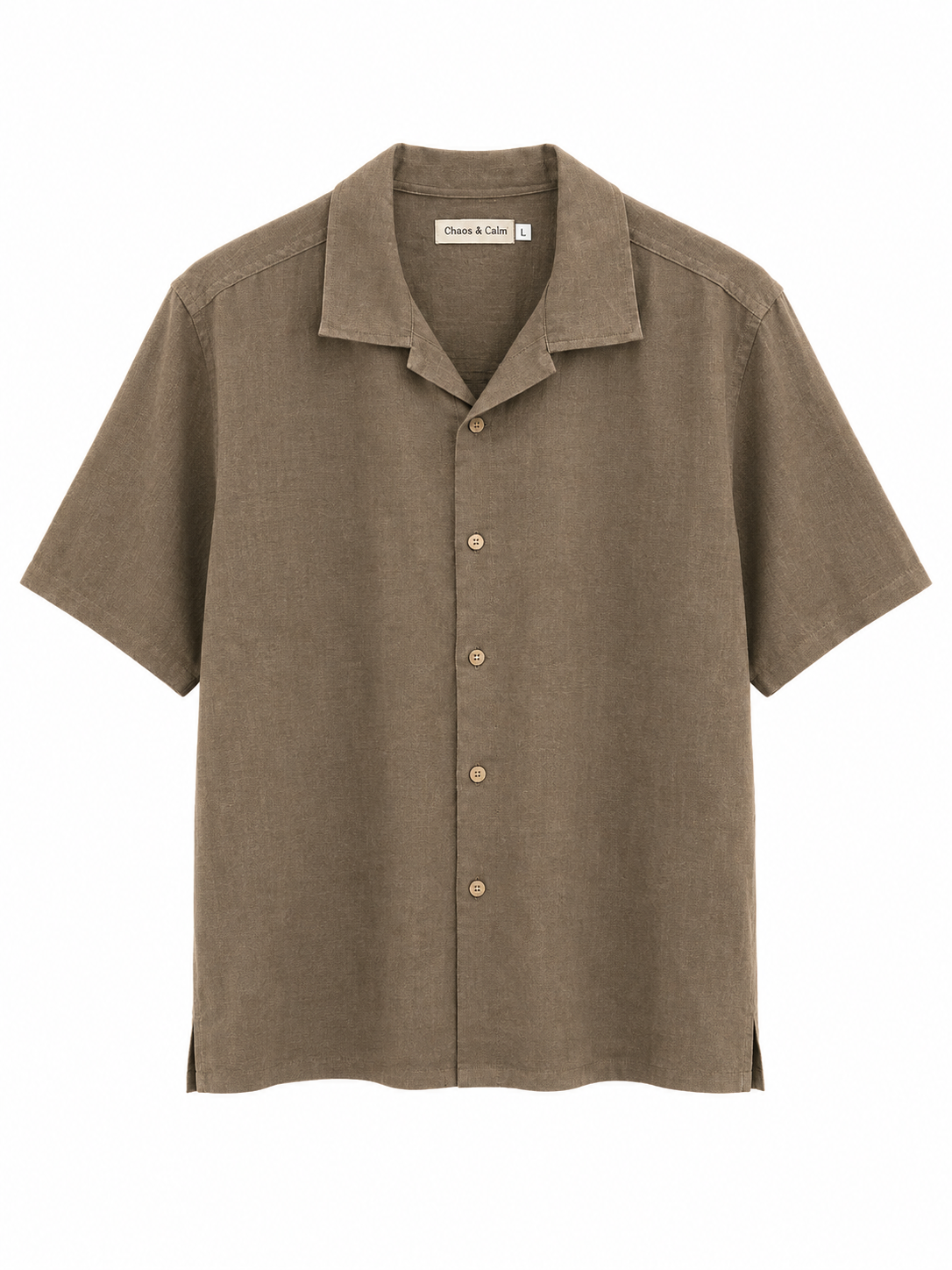 Chaos & Calm Linen Viscose Taupe Shirt front view with short sleeves and open collar