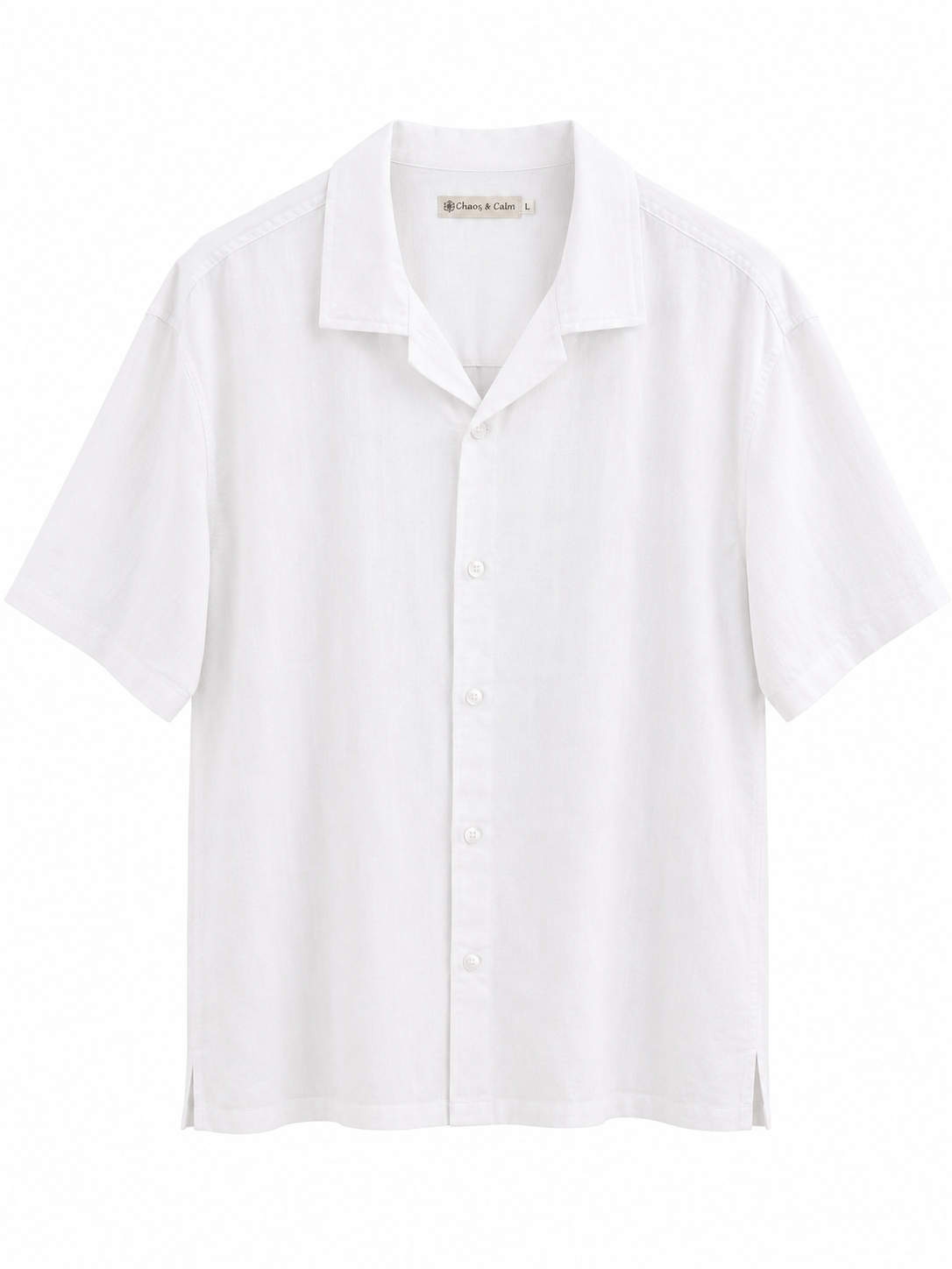 Chaos & Calm Linen Viscose White Shirt front view with short sleeves and open collar