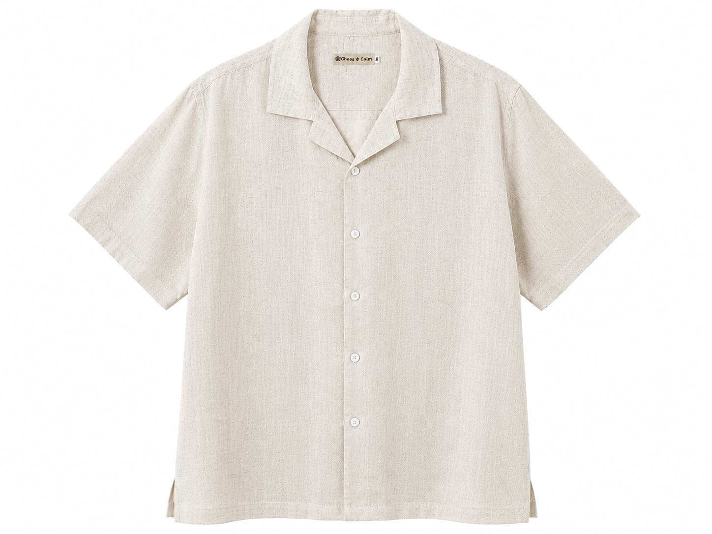 Chaos & Calm Tencel Linen H/Bone Bone Shirt front view with short sleeves and button-through design