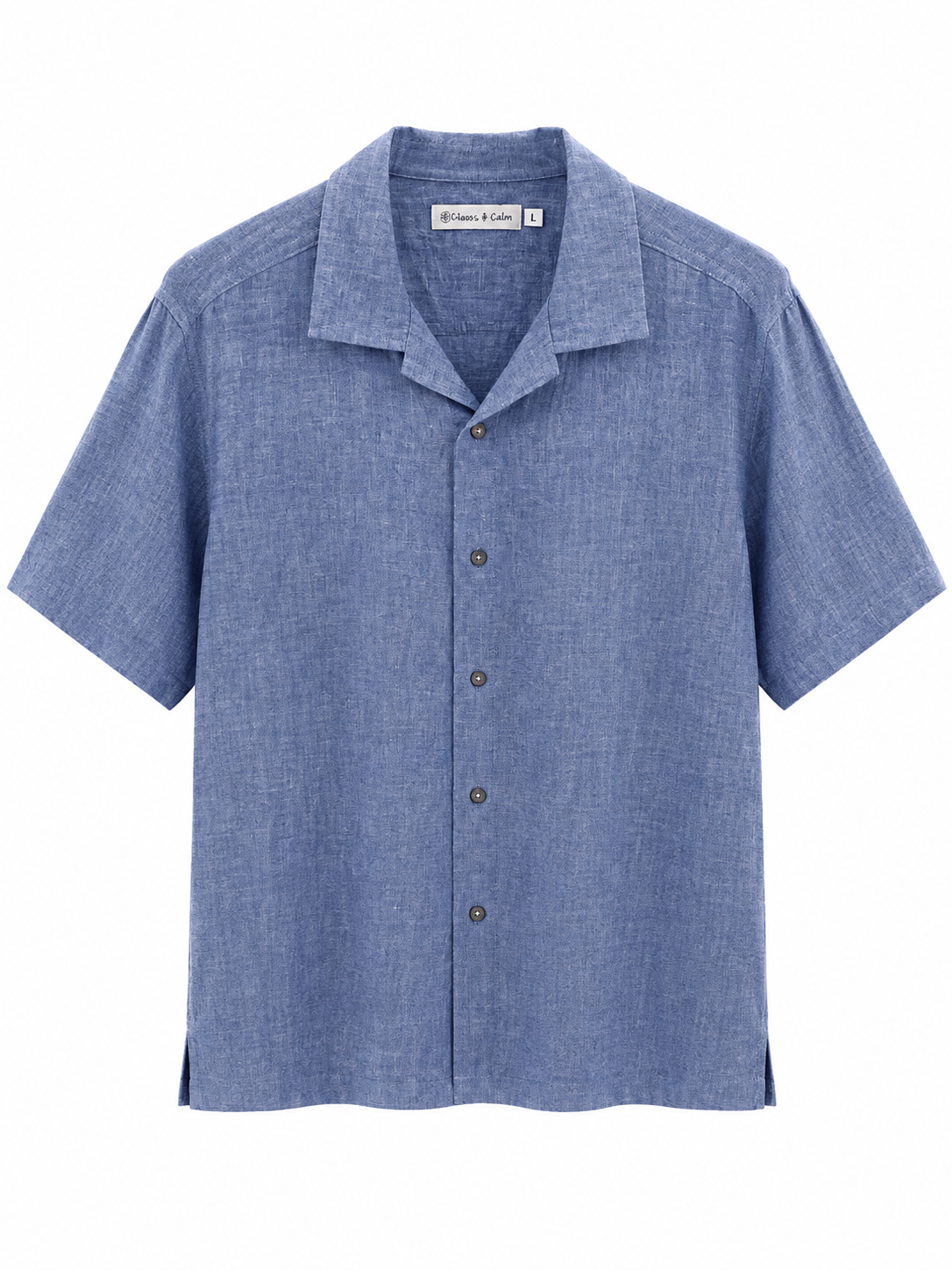 Chaos & Calm Viscose Voile Denim Shirt front view with short sleeves and open collar