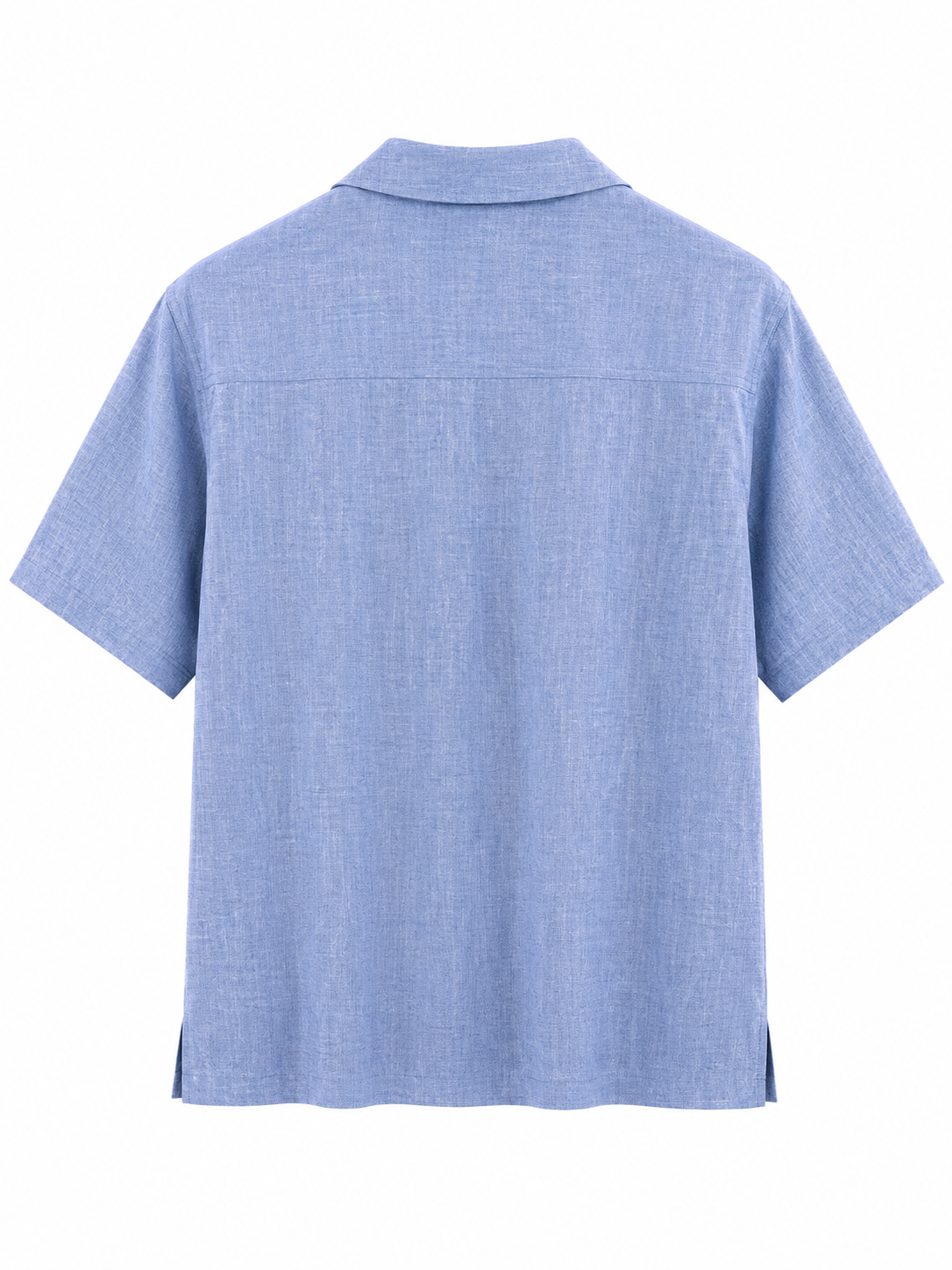 Chaos & Calm Viscose Voile Shirt in Smokey Blue front view with short sleeves and open collar
