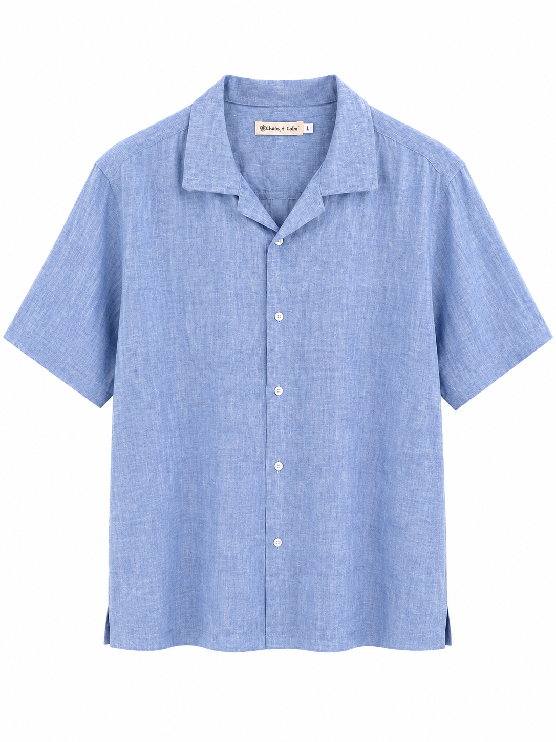 Chaos & Calm Viscose Voile Shirt in Smokey Blue front view with short sleeves and open collar
