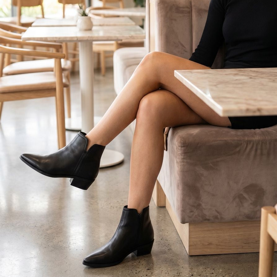 Corina black leather ankle boots with low block heel