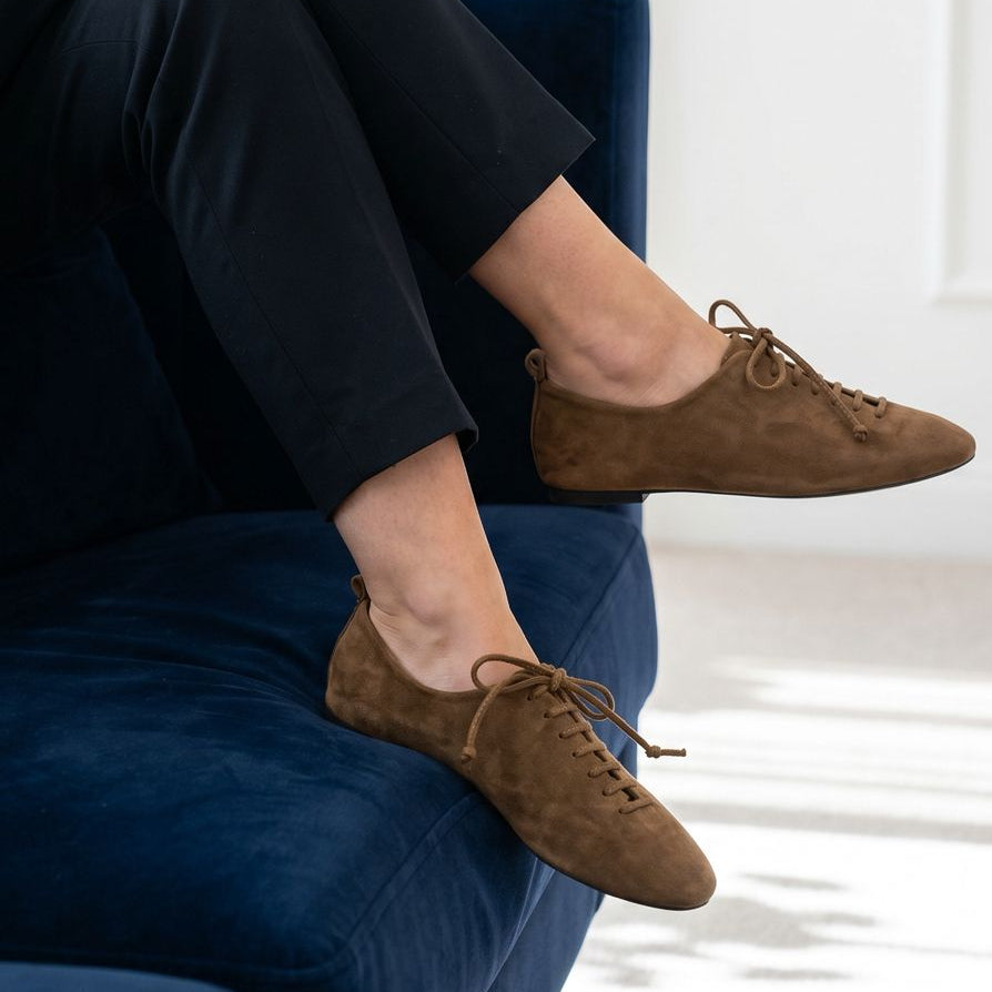 Corina tan suede lace-up ballet flats with pointed toe