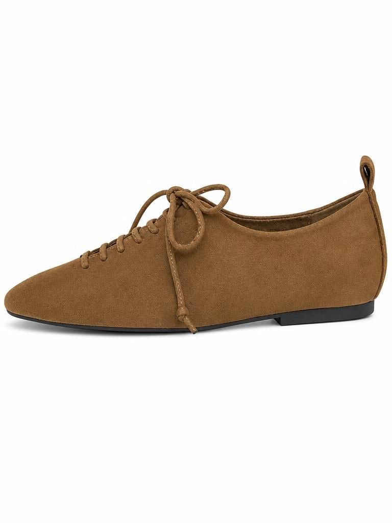 Corina tan suede lace-up ballet flats with pointed toe